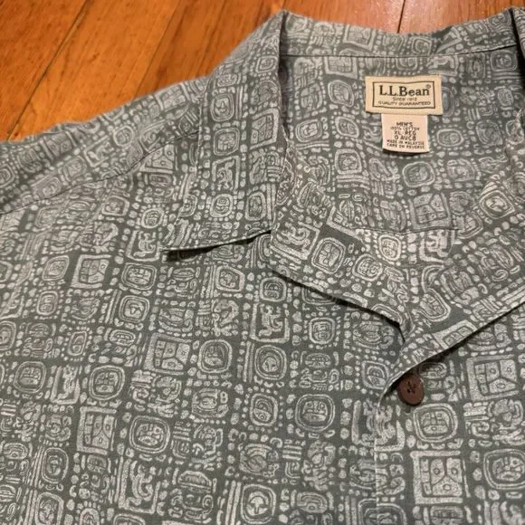 LL Bean Blue Mens XL Tribal Short‎ Sleeve Button Down Cotton Hawaiian Shirt VTG - Picture 6 of 7
